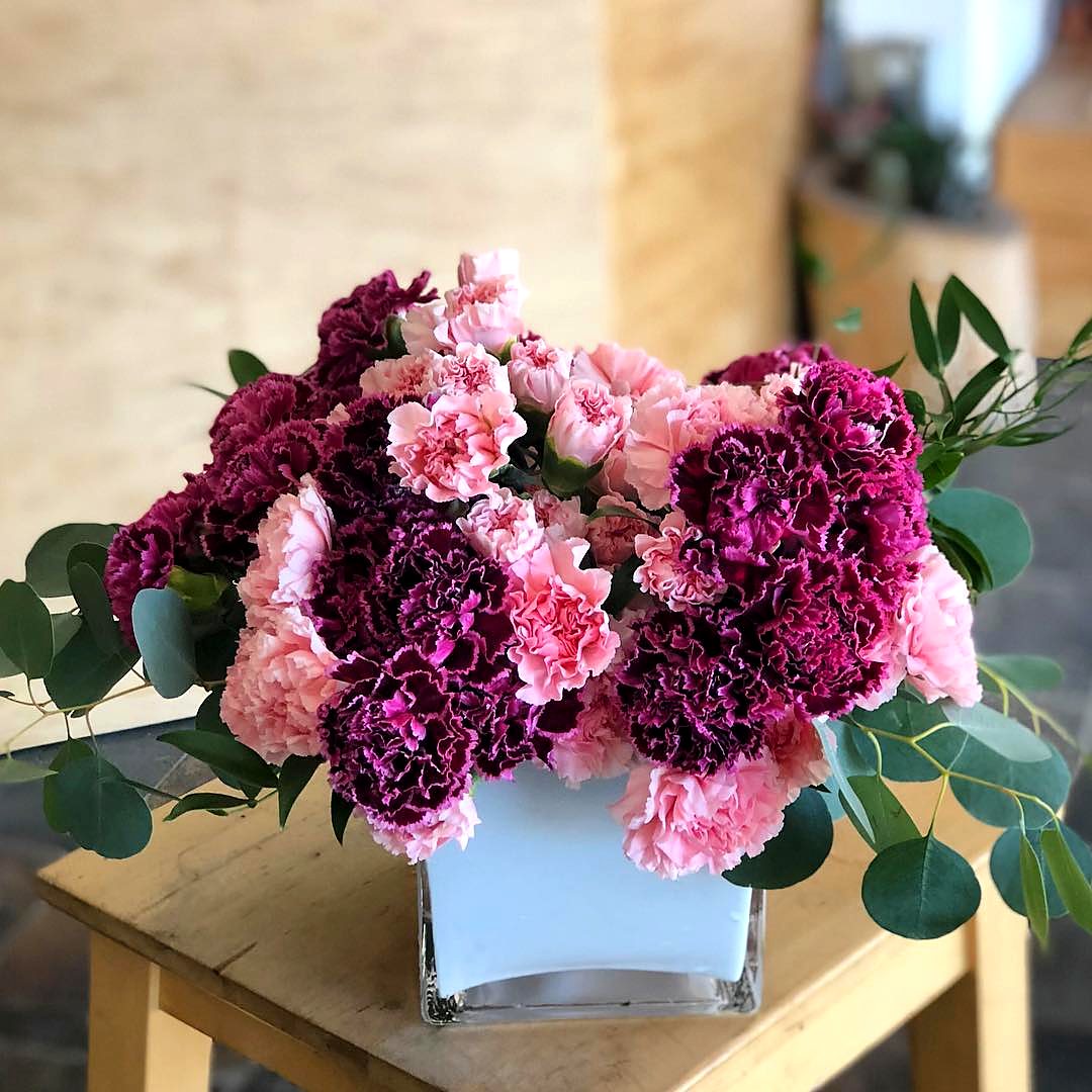 Pink and burgundy carnations with eucalyptus in a white cube vase